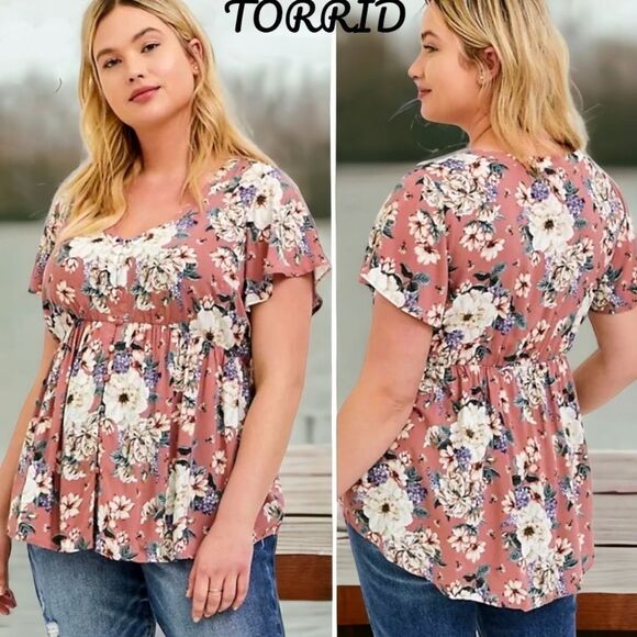 TORRID FLORAL Challis Button-Front Babydoll Top. - Picture 1 of 16